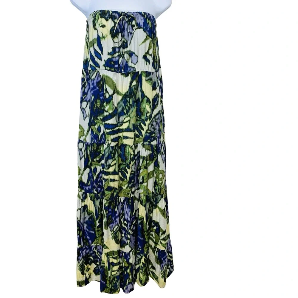 NY Co Strapless Maxi Dress S Tiered Empire Colorful Abstract Tropical Romantic